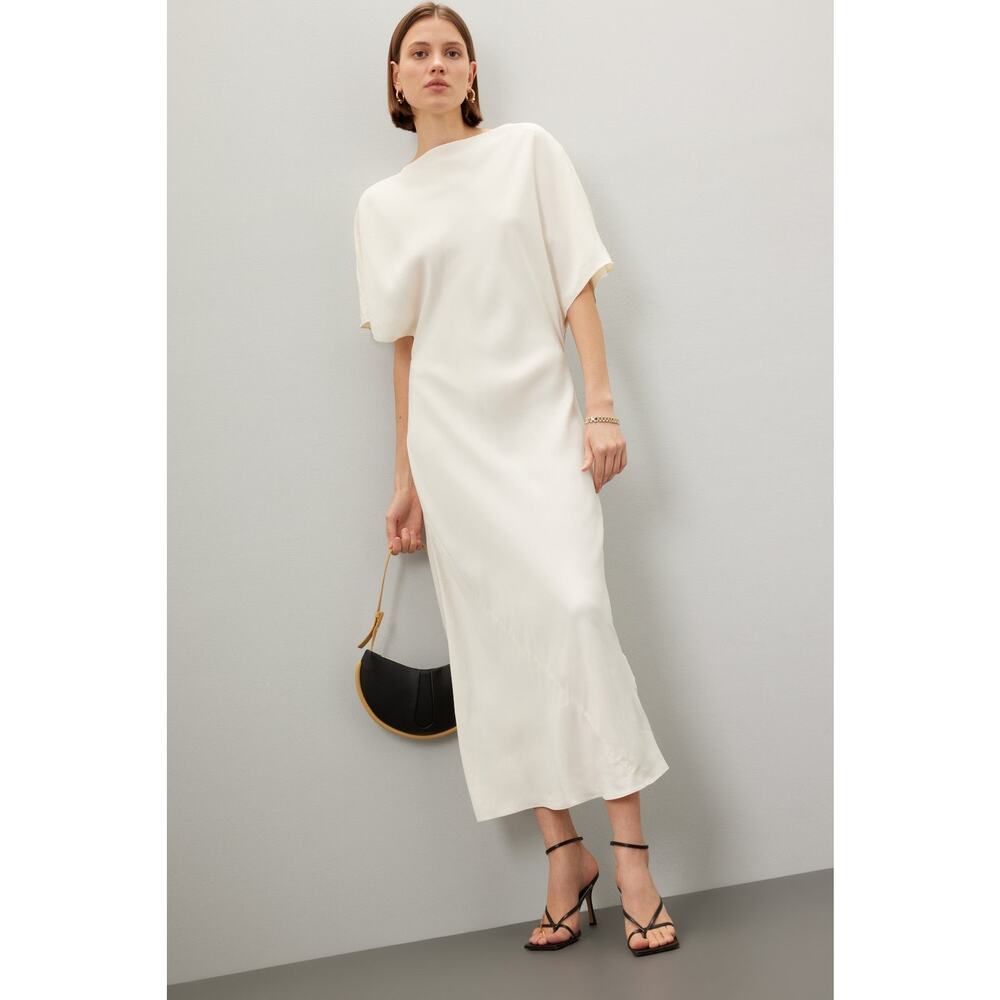 RÓHE Off-White Minimalist Mid-Length Drapey Sleeves Fluid Satin Dress Size 42